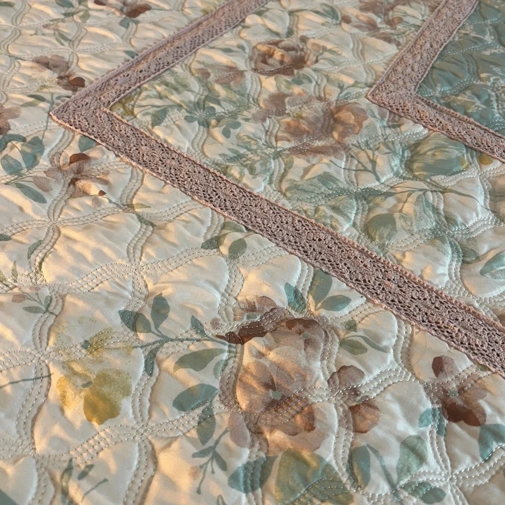 Floral Quilted‎ Bedspread Set 3pc Sage Green Rose Cottagecore Farmhouse Queen